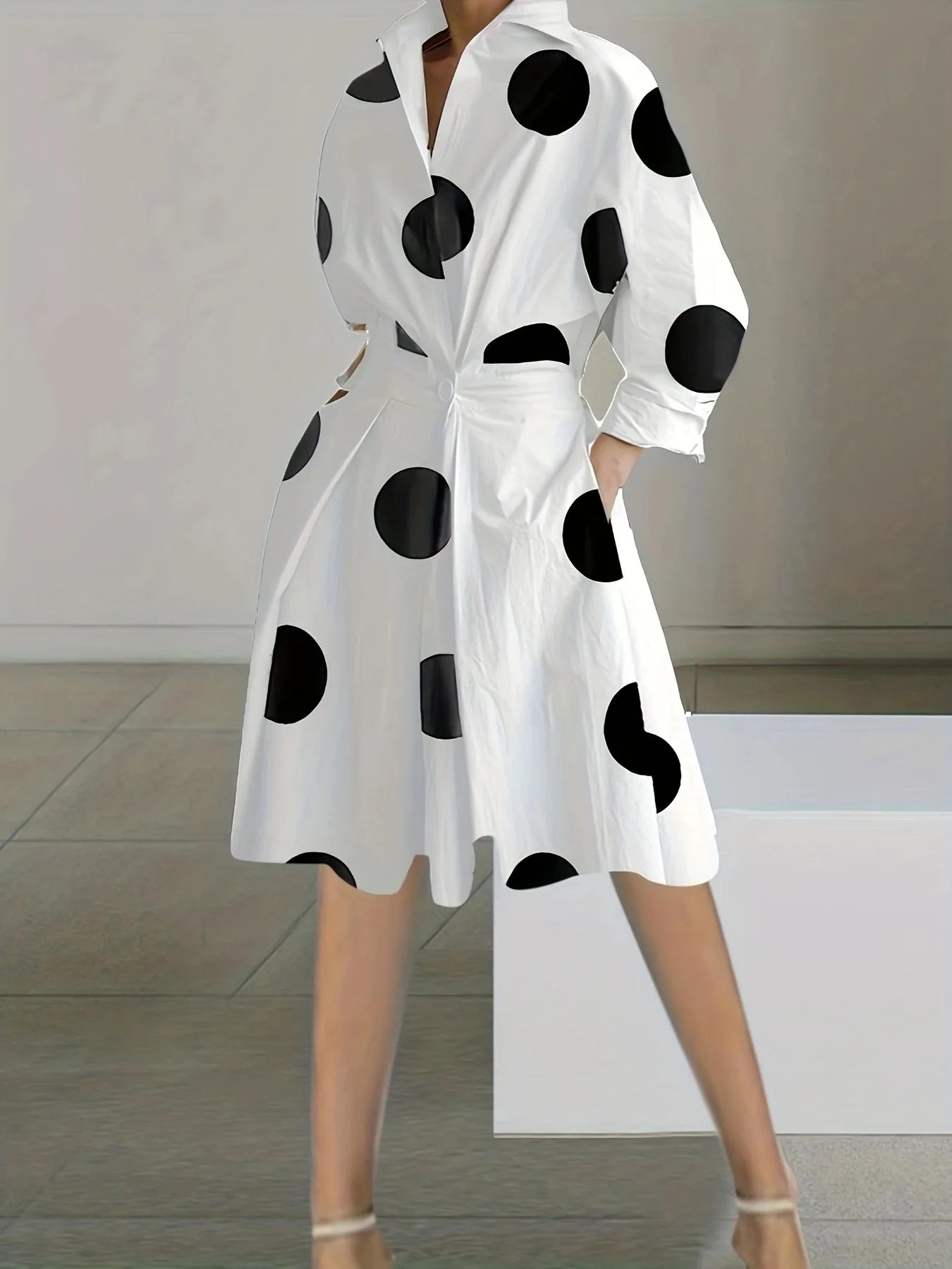 Women's Autumn Dress Long Sleeve Dot Print Elegant Midi Dresses White Casual V Neck Pockets Women Shirt Party Dresses Vestido