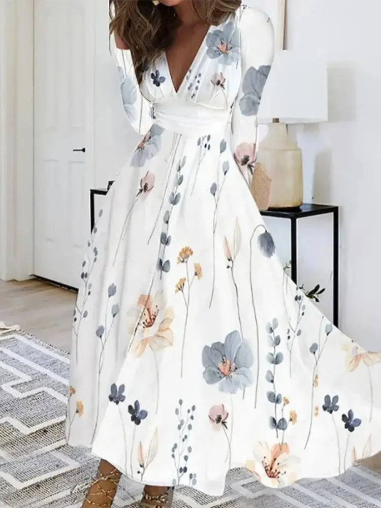 Autumn Elegant Flower Printed Long Dresses For Women Sexy V-neck Long Sleeve Fashion Party Prom Dress Female A-line Maxi Vestido