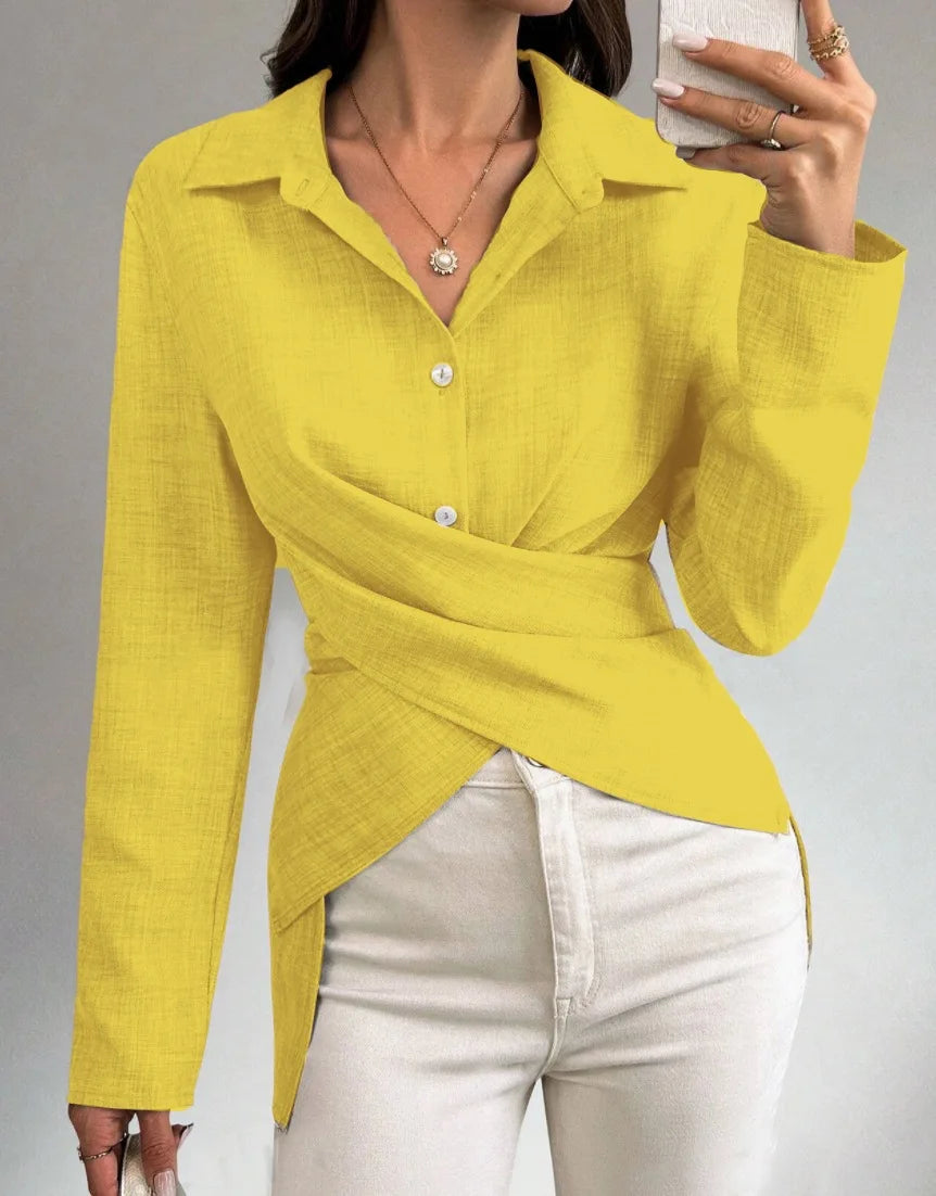 Elegant Autumn Women's Shirt V-Neck Fashion Simple Versatile Waist Cinching Solid Color High Waist Slim Fit Long Sleeved Shirt