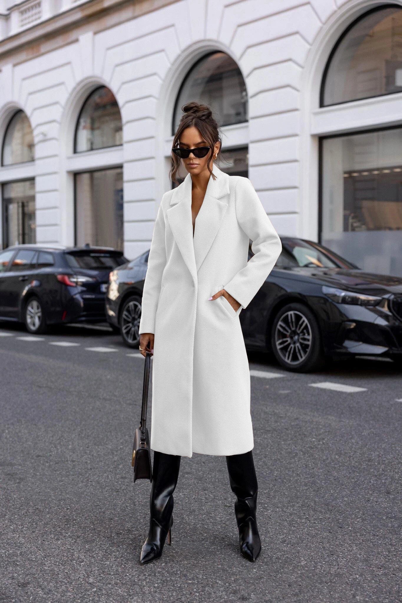 Womens Trench Coat Winter Notched Lapel One Button Mid-Long Pea Coat Casual Work+Office Overcoats Jacket with Pockets