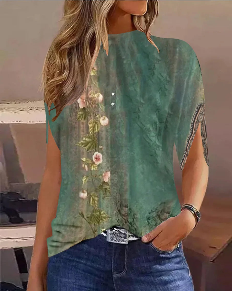 Women Casual Round Neck Floral Printed Shirt 2023 Autumn Short Sleeve Loose Blouses Tops Fashion Elegant Office Lady Blouse