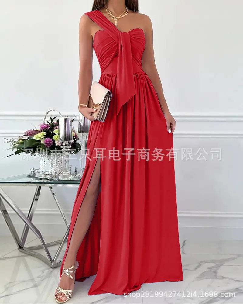 Elegant Ladies Party Dresses For Women Banquet Sleeveless Off-shoulder Hem Slit Skirt Fashion Women's Prom Dress Vestidos Female