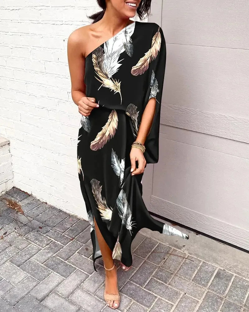 Lady Sexy Diagonal Collar Boho Long Dress Women Flower Print Half Sleeve Split Off Shoulder Irregular Party Dress for Wedding