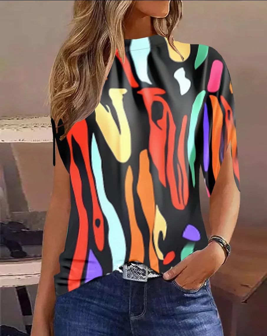 Women Casual Round Neck Floral Printed Shirt 2023 Autumn Short Sleeve Loose Blouses Tops Fashion Elegant Office Lady Blouse