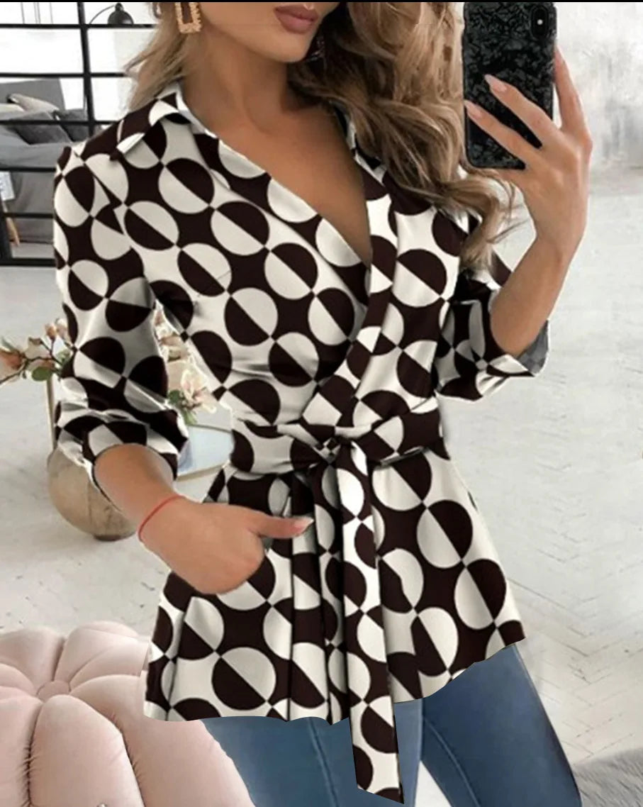 Spring Autumn Printed Work Shirt Tops Women Casual V Neck Long Sleeve Party Club Business Blouse Top with Belt