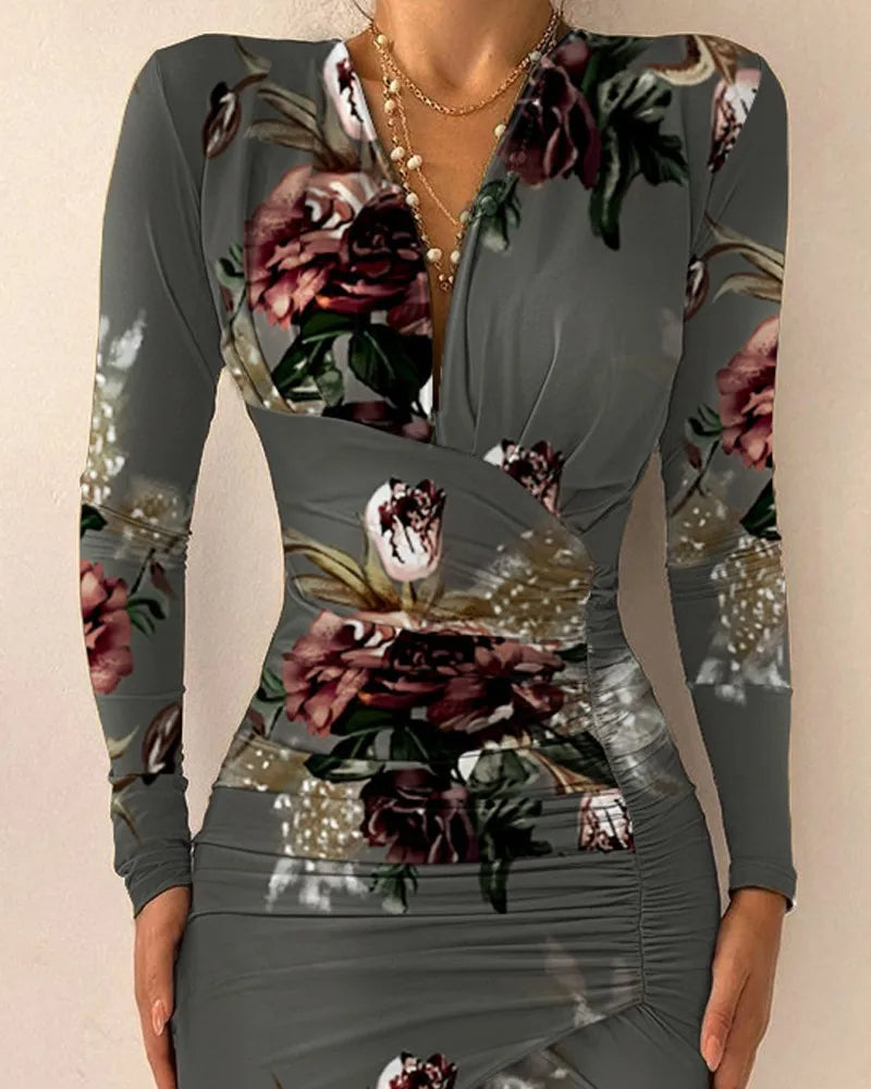 Sexy Women V-Neck Asymmetric Mini Dress Spring Autumn Long Sleeve Floral Bodycon Dresses Slim Split Party Dress Vestidos