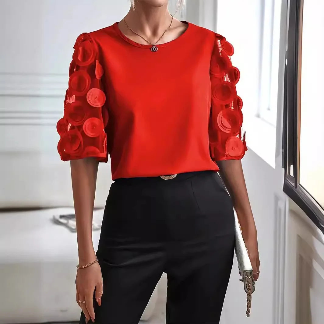 Summer and Autumn fashionable Solid Color Lace long sleeved round neck Tops blouse shirt for women