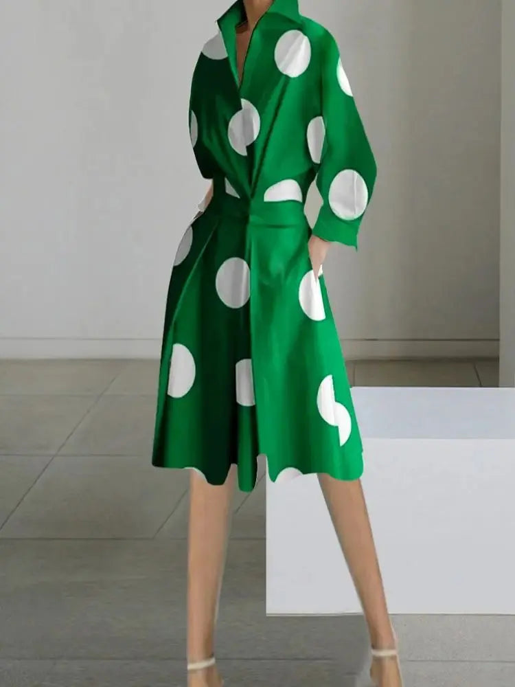Women's Autumn Dress Long Sleeve Dot Print Elegant Midi Dresses White Casual V Neck Pockets Women Shirt Party Dresses Vestido
