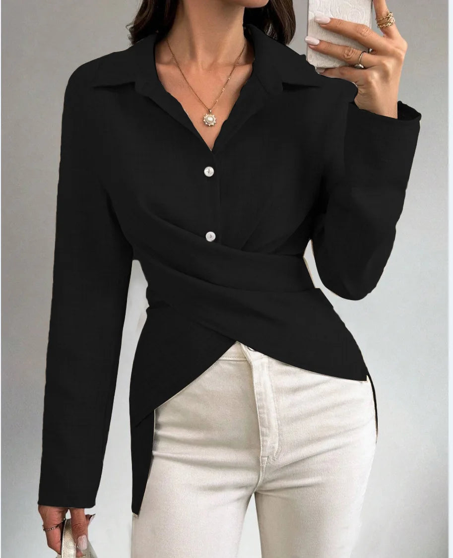 Elegant Autumn Women's Shirt V-Neck Fashion Simple Versatile Waist Cinching Solid Color High Waist Slim Fit Long Sleeved Shirt