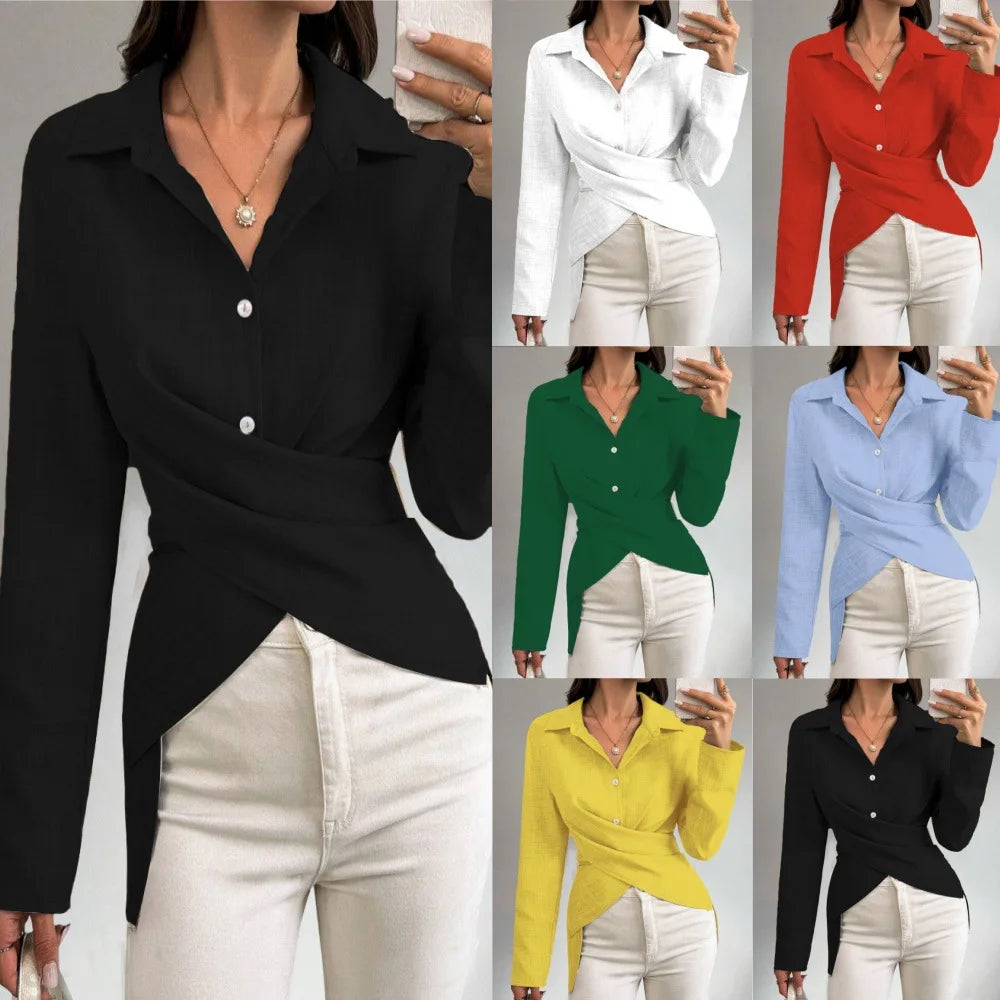 Elegant Autumn Women's Shirt V-Neck Fashion Simple Versatile Waist Cinching Solid Color High Waist Slim Fit Long Sleeved Shirt