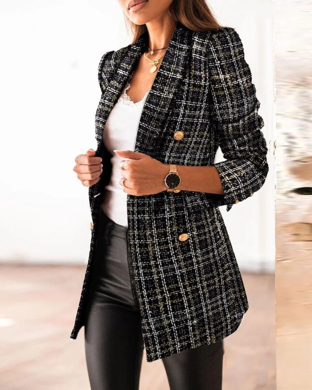 Autumn and winter long-sleeved double-breasted suit collar printed small jacket women's clothing