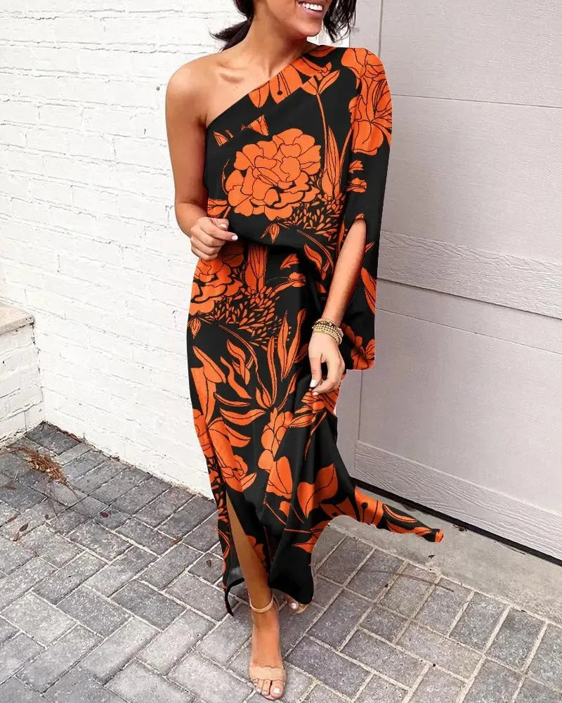 Lady Sexy Diagonal Collar Boho Long Dress Women Flower Print Half Sleeve Split Off Shoulder Irregular Party Dress for Wedding